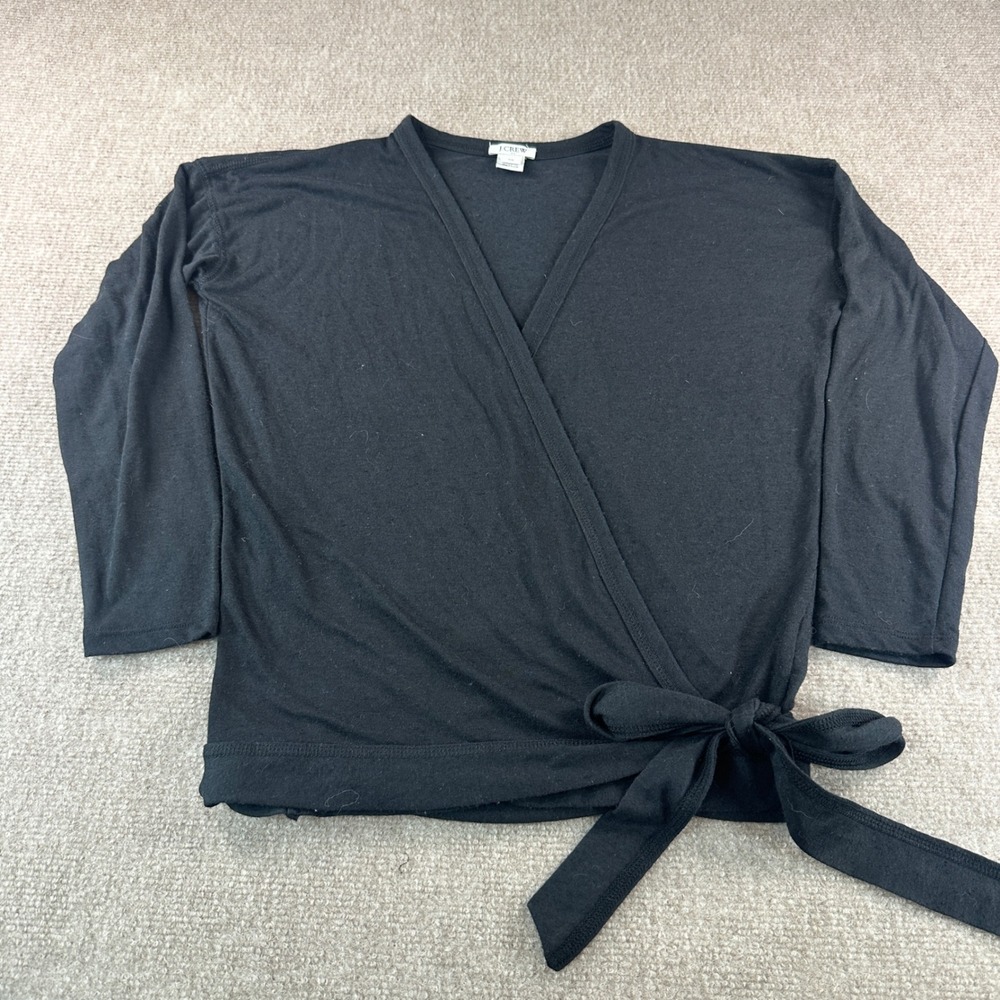 J.Crew Womens XS Black Long Sleeve Side Tie Wrap Top V-Neck Jersey Knit